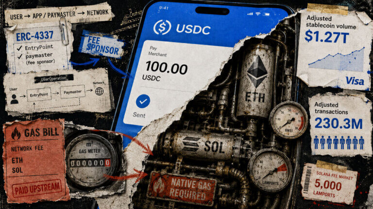 USDC payment screen torn open to reveal ETH and SOL gas machinery, with paymaster flows and stablecoin transaction data.