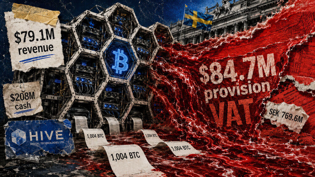 Red Swedish VAT flood overwhelms HIVE mining servers and 1,004 BTC receipts beside $79.1M revenue and $208M cash notes.