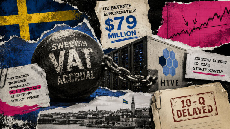 A Swedish VAT burden is chained to HIVE mining servers beside $79 million revenue, rising losses, and a delayed 10-Q filing.