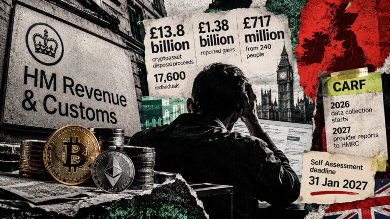 Mixed-media collage of HMRC, a stressed crypto investor, Bitcoin and Ethereum, CARF reporting milestones, and the Jan. 31, 2027 deadline.