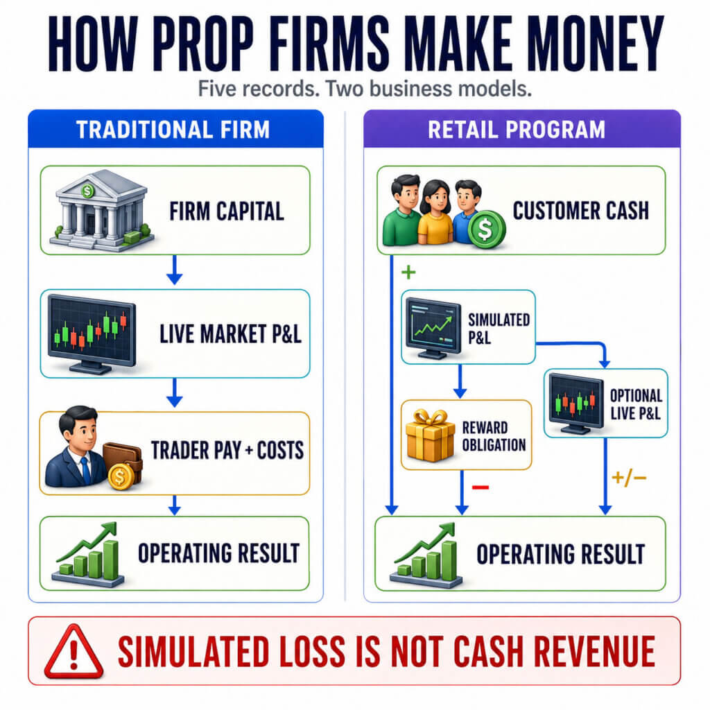 Infographic comparing how traditional prop firms and retail programs generate operating results from capital, customer cash, trading, and rewards.