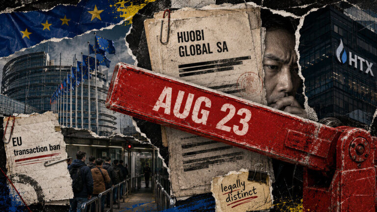 Editorial collage showing HTX, Huobi Global SA, EU regulation, and a bold August 23 barrier cutting across users and the exchange.