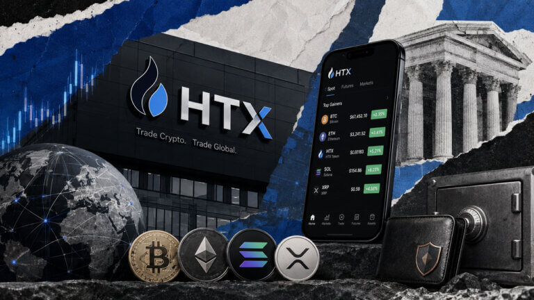 HTX exchange facade, mobile trading interface, global network imagery, and crypto assets illustrate liquid international trading access.