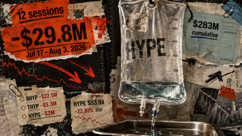 HYPE liquidity bag drains into a metal tray beside $29.8M in ETF outflows, a 12-session drought, and falling token prices.