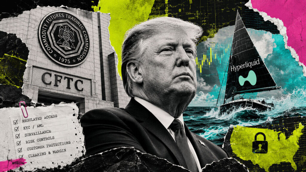 Trump stands between CFTC oversight and a Hyperliquid sailboat, with compliance controls, market charts, and a locked U.S. map.