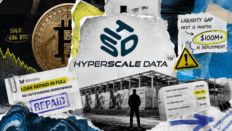 Hyperscale Data logo, sold Bitcoin, repaid Morpho loan, and unfinished AI data center illustrate liquidity pressure and funding risk.