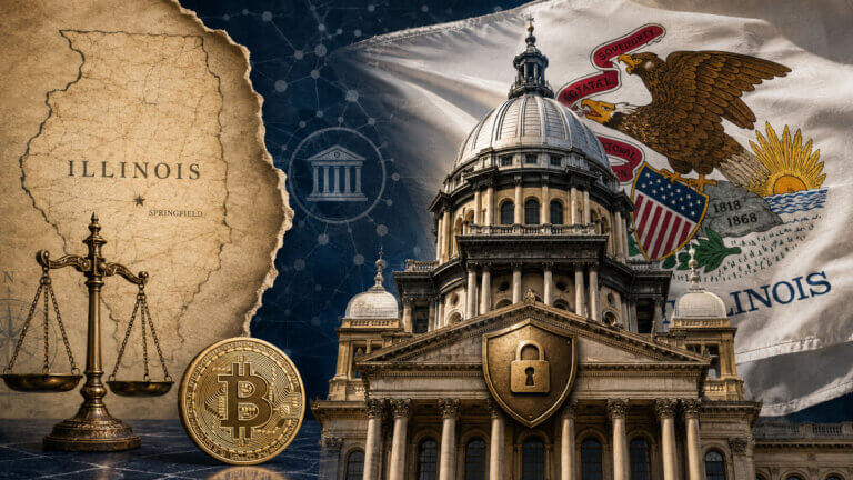 Illinois crypto oversight concept with capitol dome, state flag, Bitcoin, justice scales, security shield, and Springfield map details.
