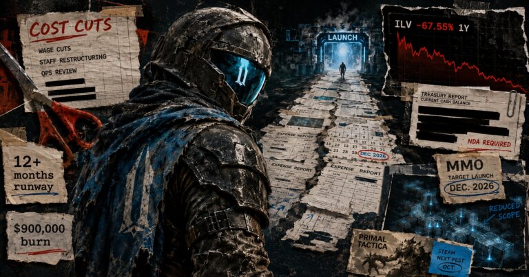 Editorial collage of an armored Illuvium figure, cost-cut notes, a 12-month runway, falling ILV chart, and MMO launch documents.