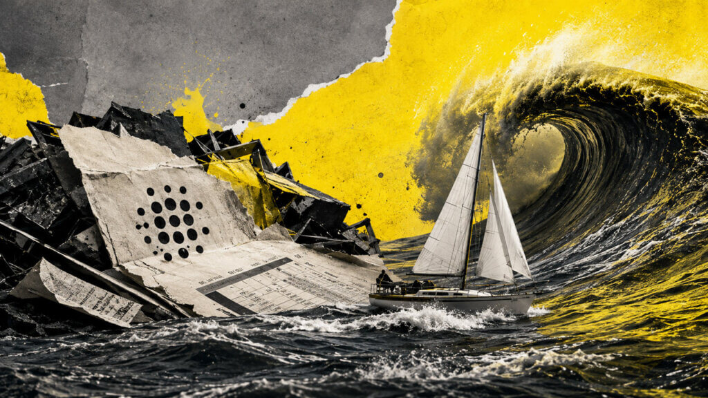 A sailboat faces a towering yellow wave beside torn financial papers and market debris in a dramatic editorial collage.