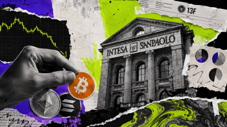 Intesa Sanpaolo collage with a Bitcoin coin, falling market chart, Ethereum and Solana symbols, and a torn Form 13F filing.