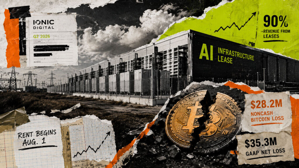 Editorial collage shows Ionic Digital’s AI infrastructure lease driving 90% of revenue while Bitcoin losses weigh on Q2 results.