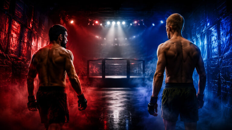 Two shirtless MMA fighters seen from behind walking toward a spotlighted cage through red and blue smoke, representing Islam Makhachev versus Ian Machado Garry.