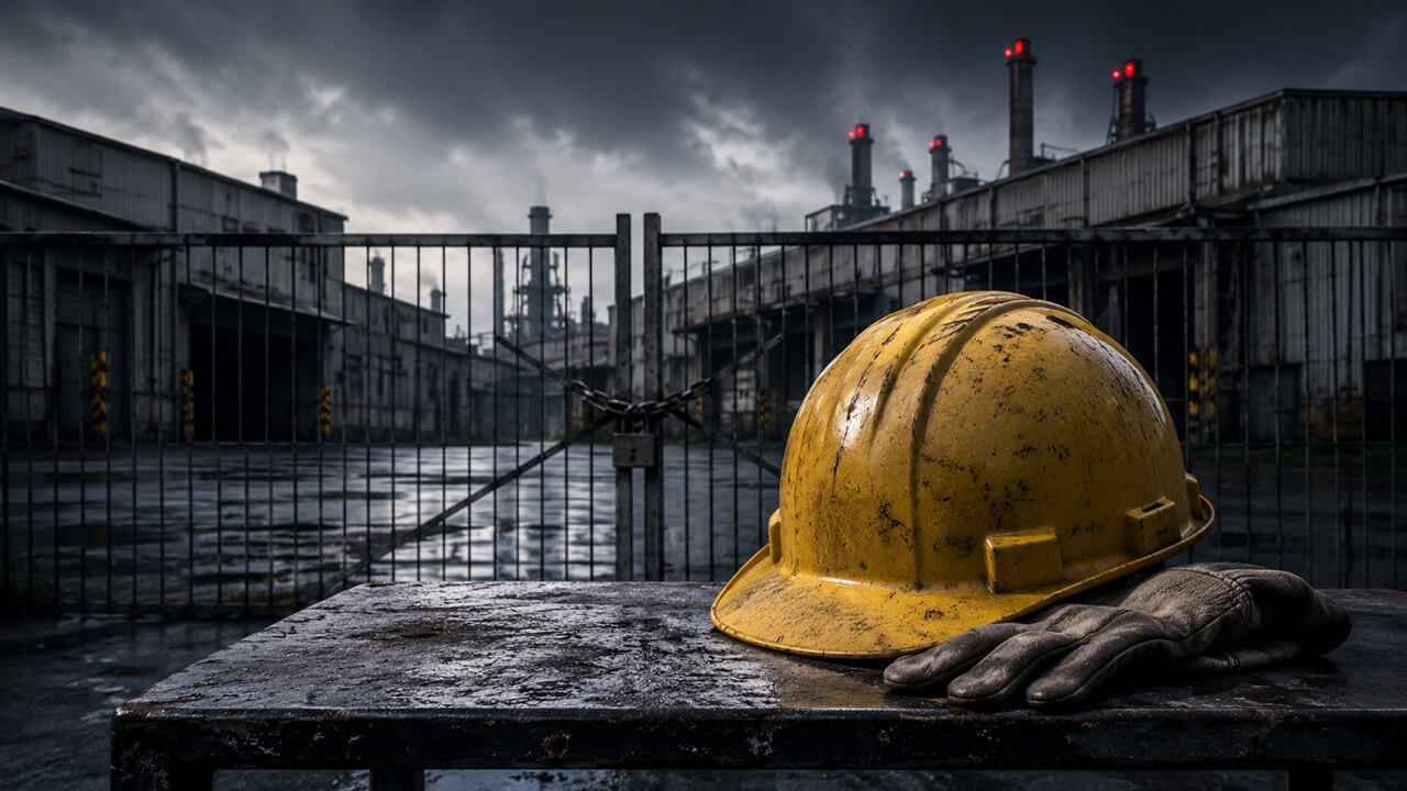 Worn hard hat and work gloves outside a locked industrial factory under dark storm clouds.