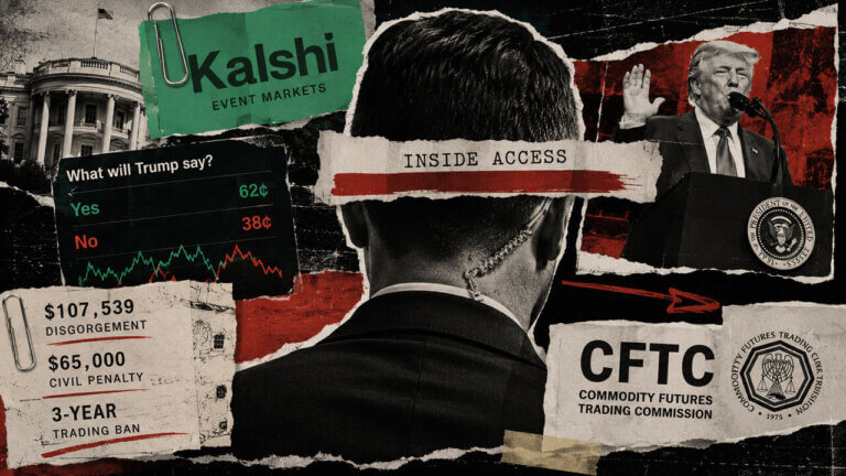 Editorial collage of a White House speech aide, Kalshi market odds, Trump speaking, and CFTC penalties for insider event-market trading.