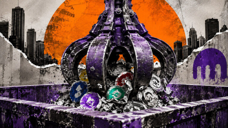 A massive purple industrial claw crushes crypto tokens in a city scrapyard beneath a Kraken symbol, representing forced liquidation risk.