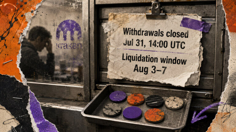 Torn notice on an industrial exchange counter states withdrawals closed July 31 and liquidation runs Aug. 3–7.