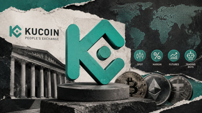 KuCoin branding, global market imagery, trading tools, and major crypto assets form a premium editorial collage about exchange access.