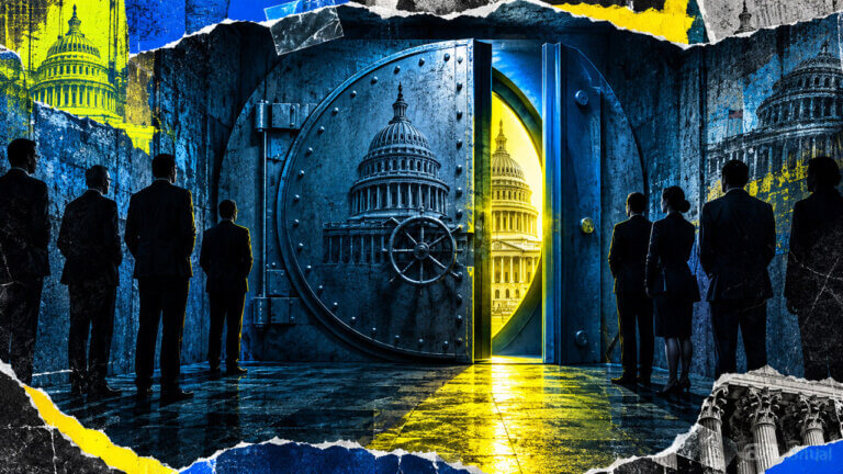 Silhouetted officials face a steel vault embossed with the U.S. Capitol as golden light reveals the dome beyond in a blue-and-yellow collage.