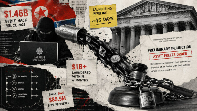 Lazarus-linked hacker, laundering pipeline and chained court gavel illustrate the $1.46B Bybit hack and later asset-freeze order.