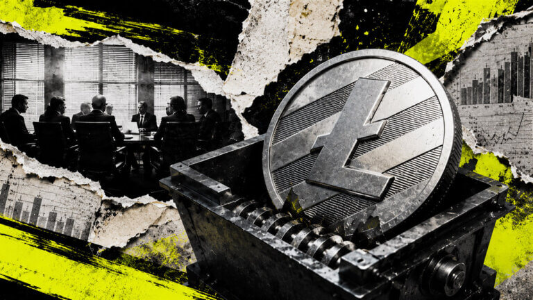 Large Litecoin coin entering an industrial shredder beside a shadowed boardroom, framed by torn paper and acid-yellow collage textures.