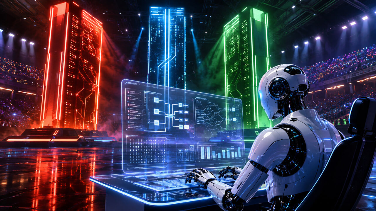 Humanoid AI operator evaluating three illuminated computing towers in a futuristic benchmark arena.