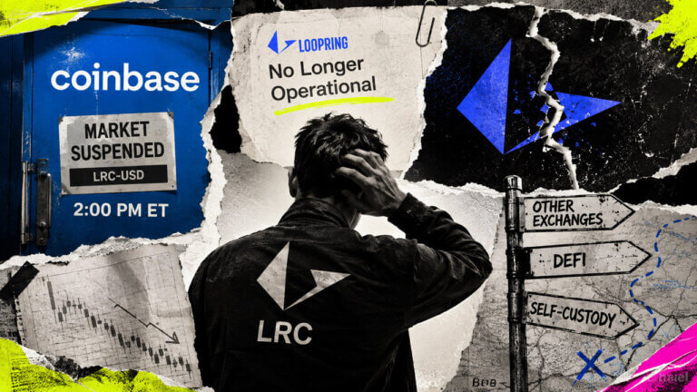 Worried LRC holder faces Coinbase market suspension and Loopring shutdown notices beside signs pointing toward alternative exit routes.