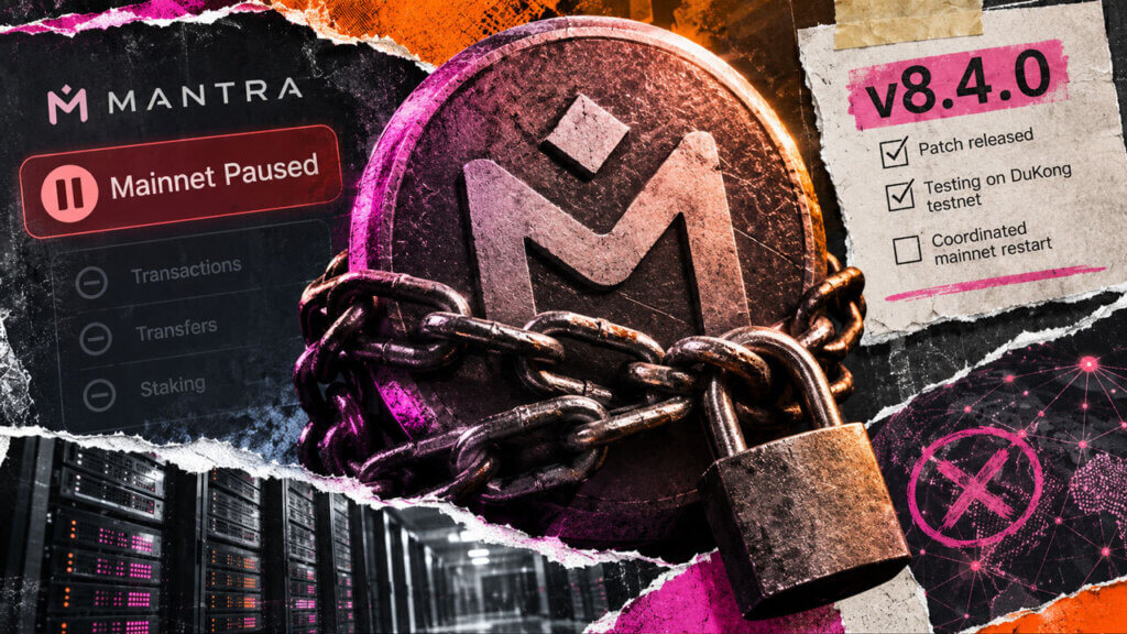 Giant stop hand symbolizes MANTRA Chain’s halted mainnet as validators wait for v8.4.0 testing and a coordinated restart.