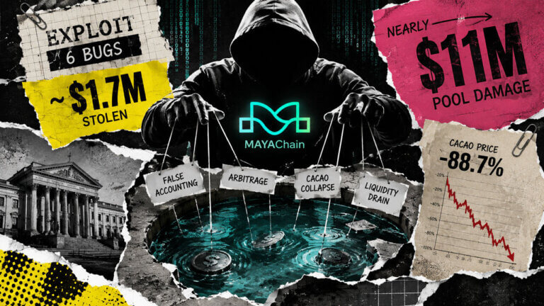 Hooded attacker manipulates MAYAChain liquidity pools like marionettes as a $1.7M exploit expands toward nearly $11M in pool damage.