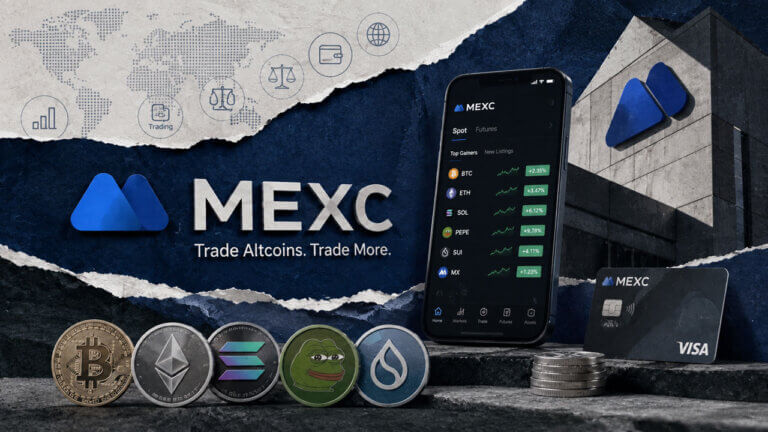 MEXC trading app, global market imagery, crypto assets, and card services highlight a low-fee platform built for active altcoin traders.