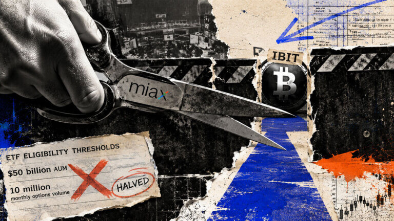 MIAX scissors cut through an eligibility barrier, revealing a blue pathway toward IBIT and renewed short-dated options access.