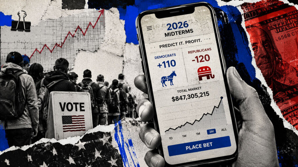 Editorial collage of a smartphone showing a 2026 midterm election betting app beside a voting line, cash imagery and rising market graphics.