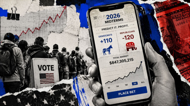 Editorial collage of a smartphone showing a 2026 midterm election betting app beside a voting line, cash imagery and rising market graphics.