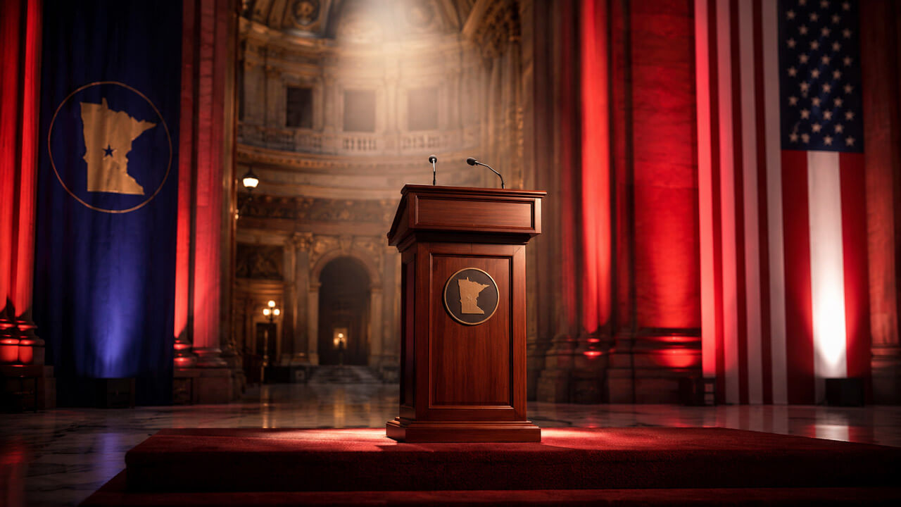 Empty podium with a Minnesota emblem inside a grand hall illuminated in red, white, and blue.