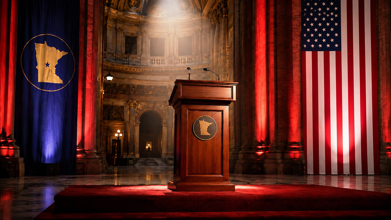 Empty podium with a Minnesota emblem inside a grand hall illuminated in red, white, and blue.