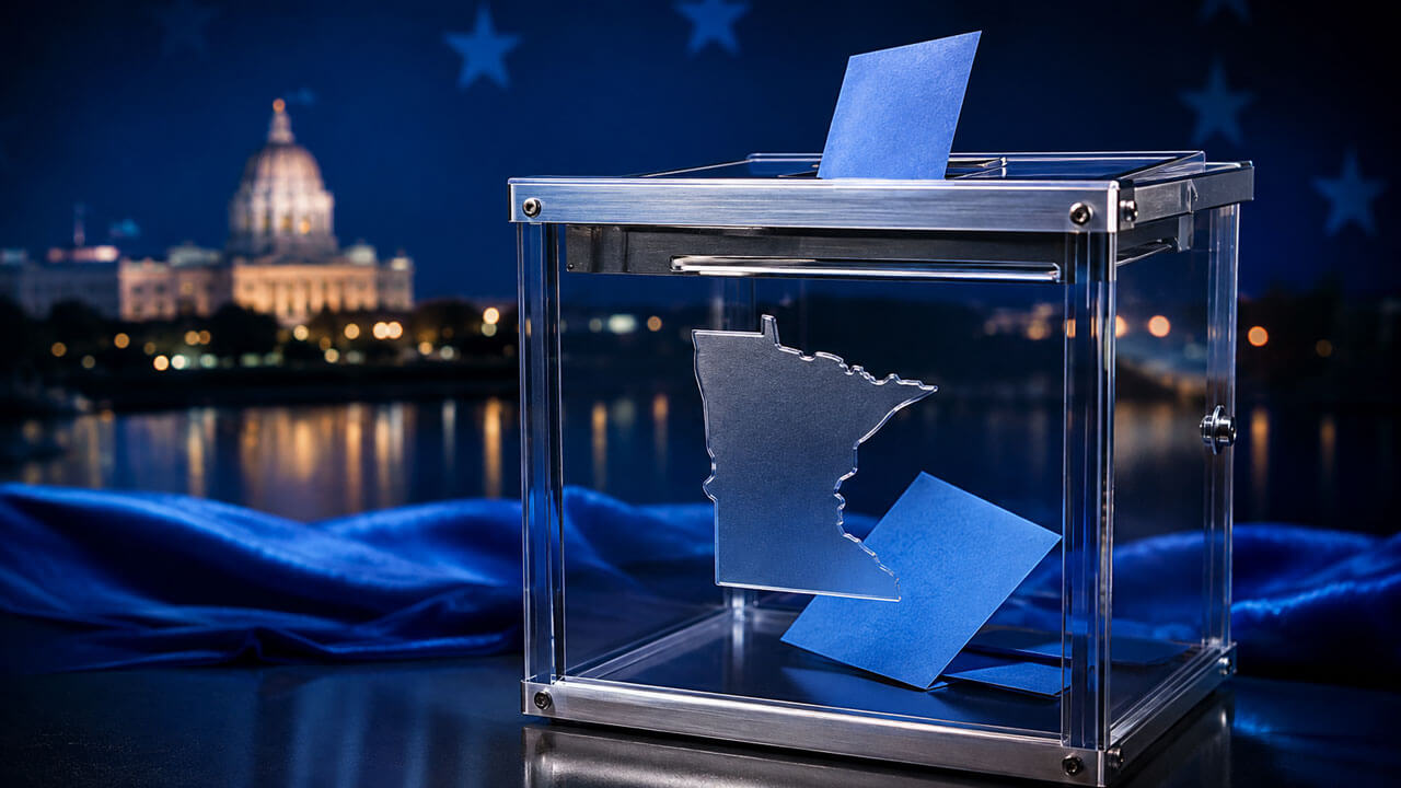 Metallic Minnesota silhouette with illuminated blue paths leading toward a Senate chair near the state capitol at sunrise.