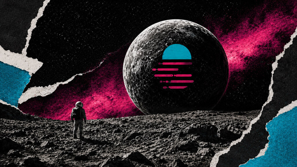 Astronaut faces a giant Moonbeam-marked moon in a stark lunar landscape framed by torn cyan, black, and magenta paper.