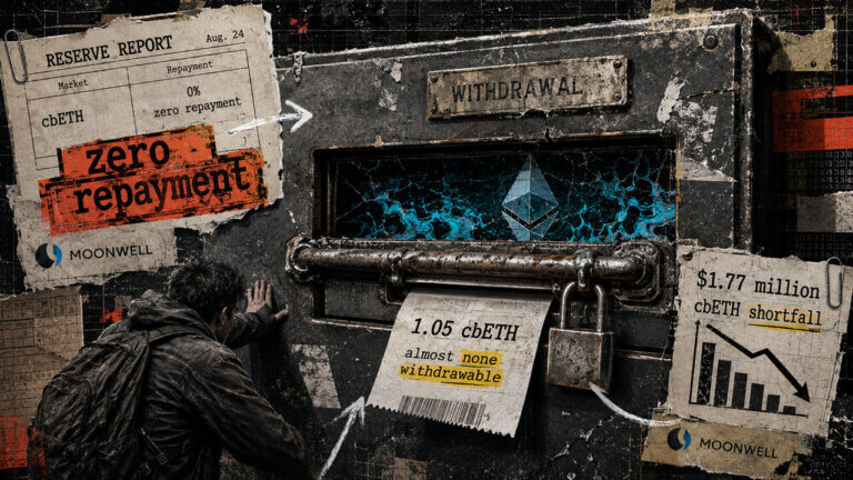 Locked withdrawal slot traps cbETH behind metal bars as Moonwell report scraps show zero repayment, a $1.77M shortfall, and limited access.
