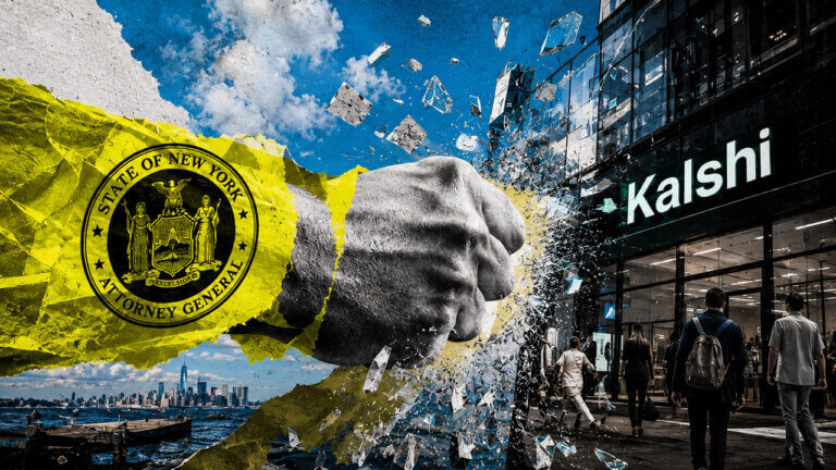 A fist bearing the New York attorney general seal shatters the glass facade of a Kalshi office as people enter the building.