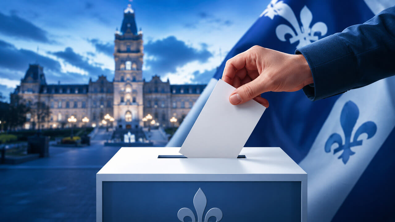 Voter placing a ballot into a Quebec election box outside the National Assembly with a large provincial flag behind it.
