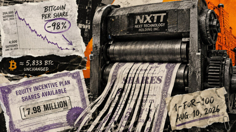 NXTT industrial press shreds share certificates beside a chart showing a 98% decline in calculated Bitcoin per share.