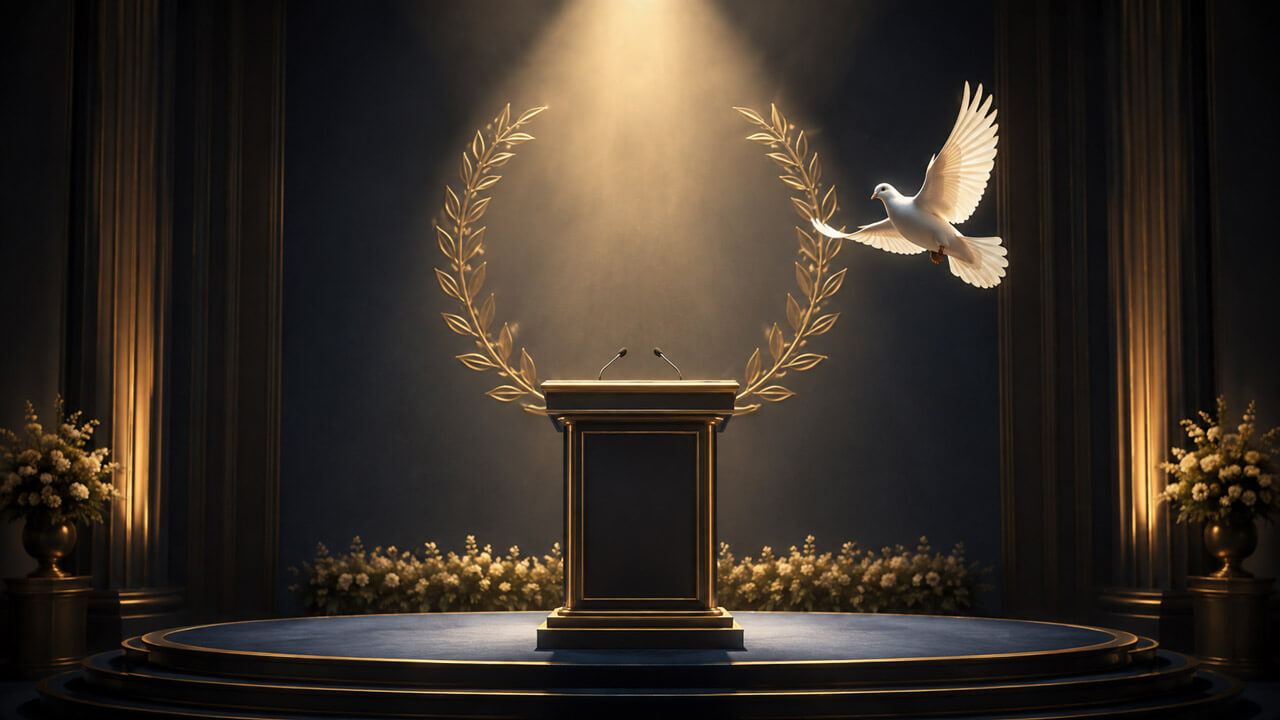 Empty ceremonial podium framed by golden laurel branches and a white dove, symbolizing the 2026 Nobel Peace Prize winner.