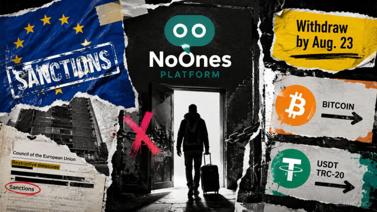 NoOnes user walks through a bright exit doorway as EU sanctions pressure the platform and Bitcoin and TRC-20 USDT provide withdrawal paths.