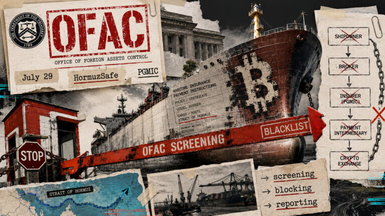 OFAC sanctions collage showing a Bitcoin-marked tanker, HormuzSafe records, blocked payment intermediaries, and Strait of Hormuz screening.