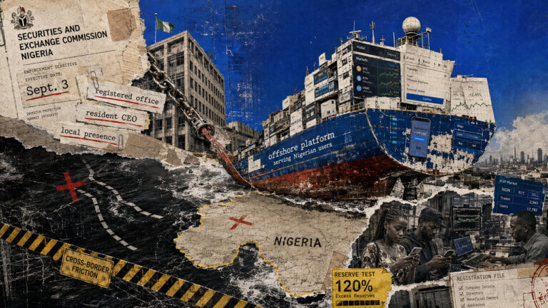Offshore crypto platform depicted as a ship chained toward Nigeria under SEC registration, local office, CEO, and 120% reserve requirements.