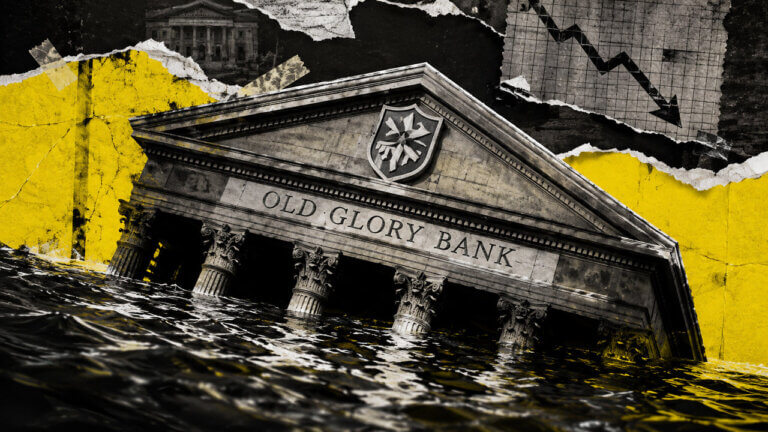 Old Glory Bank sinks into dark water beneath a falling chart, visualizing undercapitalization and going-concern risk.
