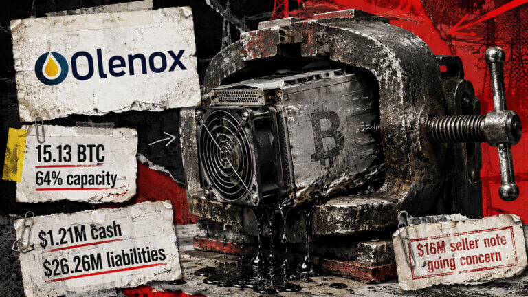 Olenox Bitcoin miner crushed in an industrial vise, symbolizing liquidity pressure from liabilities, seller-note debt and limited cash.