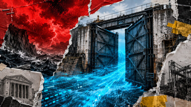 Industrial floodgate channels electric-blue liquidity away from a red market storm in a torn-paper financial editorial collage.