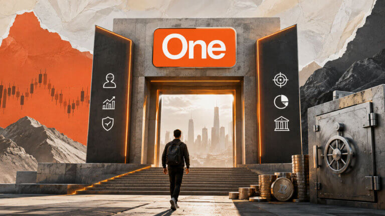 OneFunded logo crowns a dark financial portal with a trader, vault, city skyline, and market imagery in a premium editorial collage.