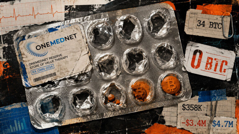 Empty medical blister pack symbolizes OneMedNet’s depleted Bitcoin reserve, with 34 BTC reduced to zero and only $358K cash remaining.