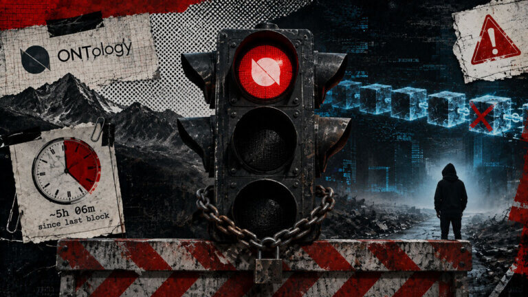 Ontology’s mainnet halt visualized as a locked red traffic signal blocking a broken blockchain path after more than five hours without a block.